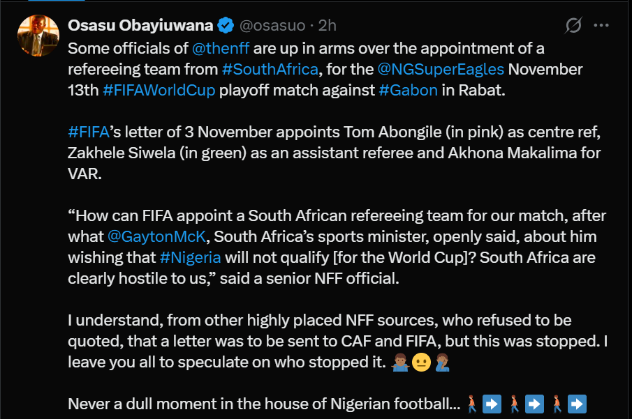 Nigerians cry out after South African referees were appointed to officiate Nigeria